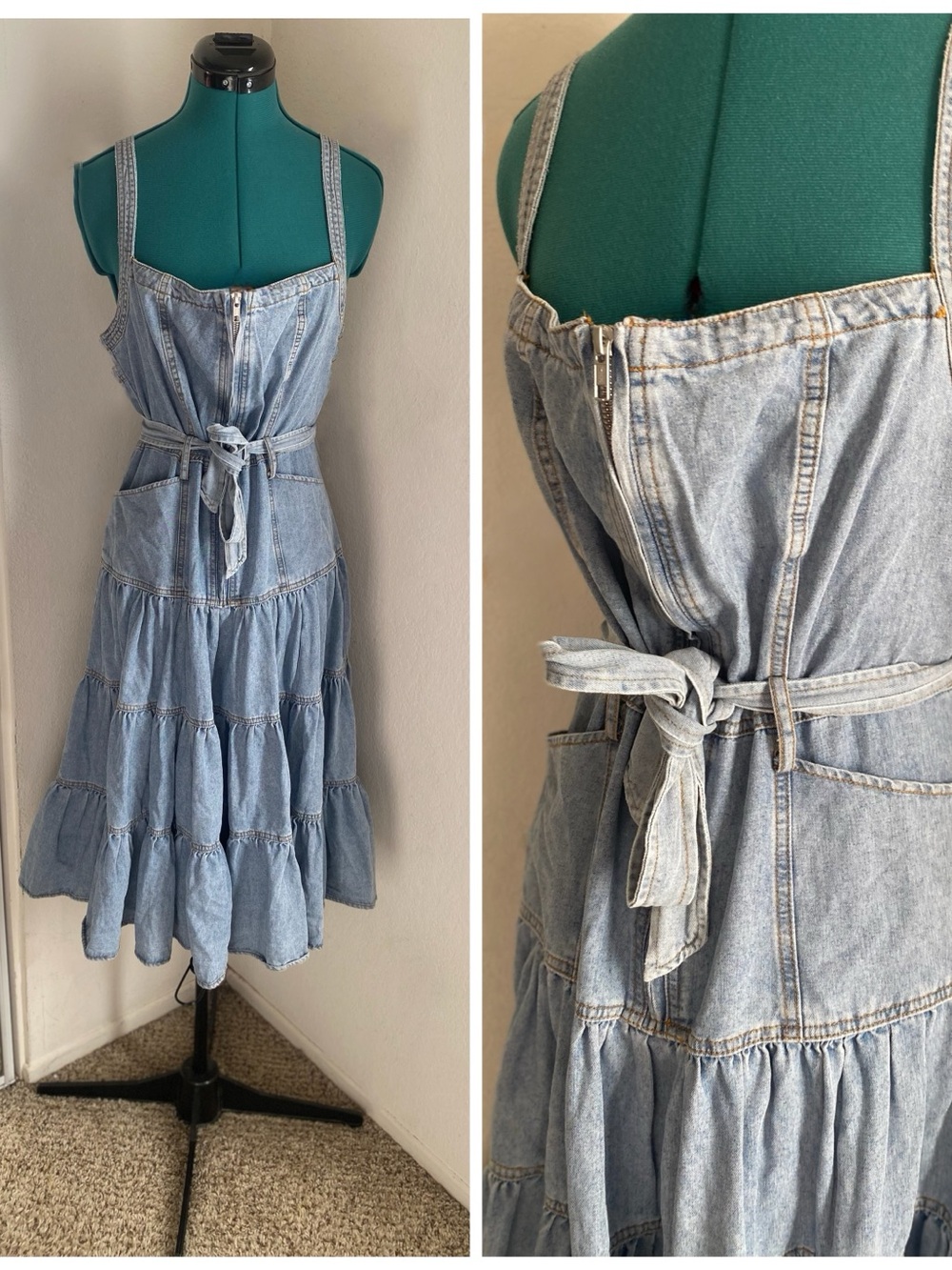 Blue B Light Blue Denim Tiered Midi Dress with Waist Tie Size L